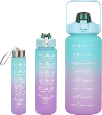 Produktbild von 3er Pack Trinkflaschen Set, Wasserflaschen mit motivierenden Sprüchen, BPA-Frei, 2000 ml, 750 ml, 280 ml - STARTRIO