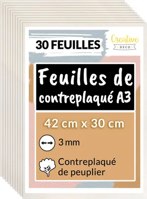 Image de Creative Deco 30 x A3 Contreplaqué 420 x 300 x 3mm (+/-0,5mm) Bois Brut Peuplier