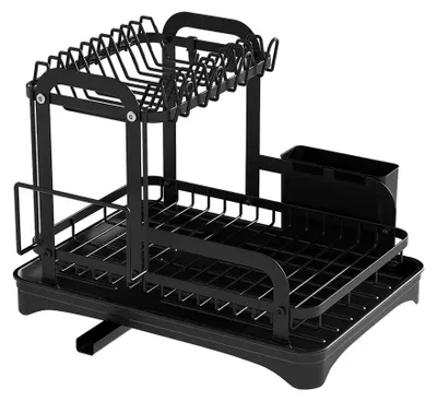 Immagine prodotto di Portaoggetti per stoviglie - Portaoggetti a 2 piani - Con contenitore per lo scolaggio e cestello per le posate - Organizzatore per il piano di lavoro - Metallo, acciaio - Nero
