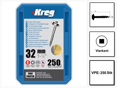 Produktbild von KREG Pocket-Hole Linsenkopfschraube 32 mm 250 Stk ( SML-C125-250 ) Vierkantantrieb Teilgewinde Grobgewinde selbstschneidend verzinkt