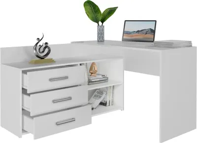 Immagine prodotto di BDW Scrivania ad angolo, 3 cassetti 2 ripiani, bianco, 120x7x50 cm