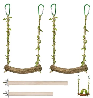 Immagine prodotto di Set da 2 altalene per uccelli in legno naturale, adatte per gabbie di pappagallini, parrocchetti e altri uccelli