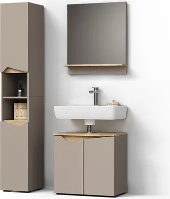 A modern bathroom vanity set with a tall cabinet, sink, and base cabinet against a white wall.
