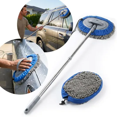 Produktbild von Multifunktions-KFZ Wischmopp mit 160cm Teleskopstange, 180 Grad Gelenk & 2 Chenille Mikrofaser Aufsätzen für PKW, LKW, Wohnmobil & Wohnwagen