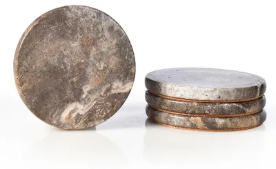 Image de Lot de 4 sous-verres en marbre de travertin naturel - Dessous de verre gris moderne de 10 cm pour la maison et le bureau