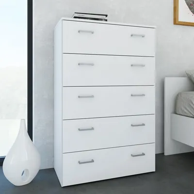 Produktbild von Tvilum Kommode SPACE Serie, weiß, 5 Schubladen, Folie, BxHxT 115x74x35,7 cm, Kunststoffgriffe & -schienen, genagelte Rückseite, umweltfreundlich, Made in Dänemark
