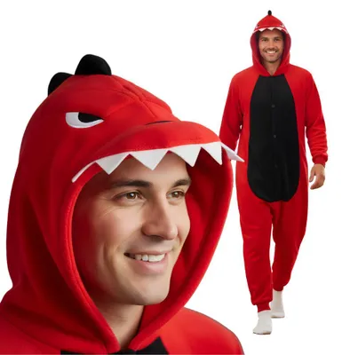 Produktbild von Pyjama Onesie Kigurumi Kostüm für Erwachsene, Rot Dinosaurier, XL: 175 - 185cm