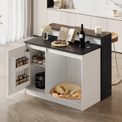 Productafbeelding van Multifunctioneel keukenblok met bar en eettafel, met een rustruimte voor huisdieren, geschikt voor keuken en eetkamer, wit met een zwarte marmerlook, 120x80x100 cm