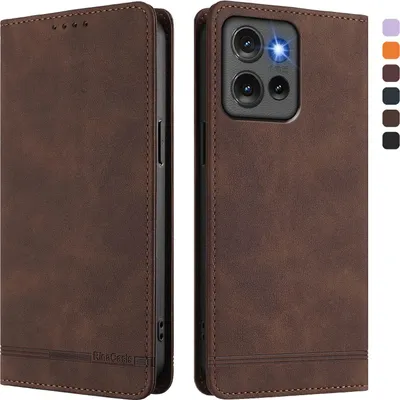 Produktbild von Hülle für Motorola Edge 50, Retro Kunstleder Ständer Klapphülle mit Kartenfächer und Magnetische Braun
