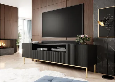 Zdjęcie produktu dla Szafka RTV Nicole 200 cm z wnęką czarny mat na złotych metalowych nogach