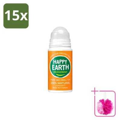 Productafbeelding van 15 x Happy Earth Deodorant Roll-On Roos en Petitgrain - 75 ml - Voordeelverpakking - 15 stuks