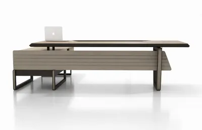 Immagine prodotto di Scrivania da ufficio esclusiva, design moderno, beige, in legno e metallo, ideale per l'ufficio del direttore