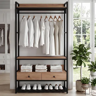 Produktbild von MinteLiv Offener Kleiderschrank System 120x180cm mit 3 Fächern, stabiler Garderobenständer Metall & MDF, Schwarz/Natur