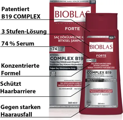 Produktbild von BIOBLAS Forte pflanzliches Shampoo gegen starken & intensiven Haarausfall 360ml