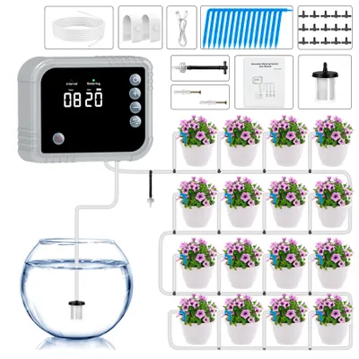 Produktbild von Bewässerungssystem Automatische bewässerung für Indoor, mit LCD-Display für bis zu 15 Topfpflanzen,Tropfbewässerungsset mit 350,Type-C aufladbar
