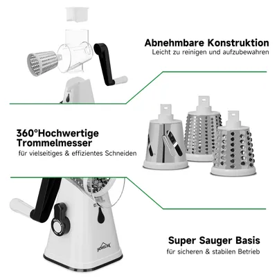5-in-1 Drehbare Käsereibe & Gemüseschneider – Mit Saugbasis, 5 Austauschbaren Klingen, Sicher & Einfach Zu Reinigen