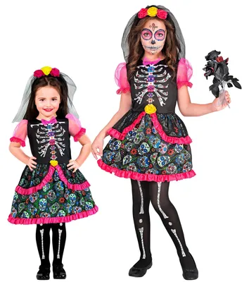 Obrázok produktu pre W WIDMANN MILANO Party Fashion – detský kostým Dia de los Muertos pre dievčatá, šaty s motívom kostry a závojom na Halloween