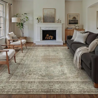 Produktbild von Teppich Wohnzimmer 200x300cm Waschbar Vintage Grün Braun Kurzflor Rechteckig