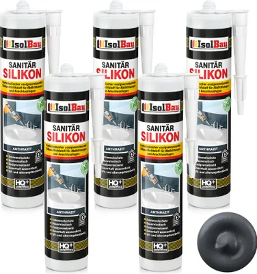 Produktbild von Isolbau Sanitär Silikon 5 x 300 ml Anthrazit - Hochelastischer Silikon-Dichtstoff für Abdichtungen & Fugen – Schimmelresistent, wasserdicht -  Kartusche