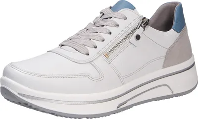 A single white sneaker with gray laces and blue accents on a white background.