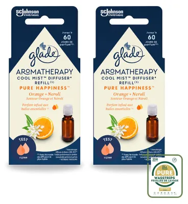 Imagen del producto de 2 unidades de recambio para difusor de aromaterapia Glade, fragancia "Pure Happiness", con notas de naranja y neroli, 17,4 ml, pack ahorro