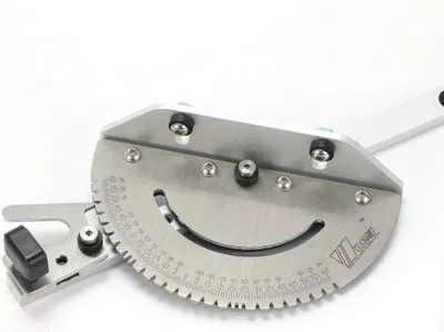 A close-up shot of a miter gauge for woodworking tools, set against a white background.