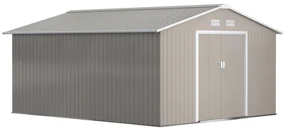Obrázek produktu pro Zahradní domek – skladovací budka z dřeva – posuvné dveře – sedlová střecha – vodotěsná – rozměry 340 x 386 x 200 cm – barva: armádní zelená