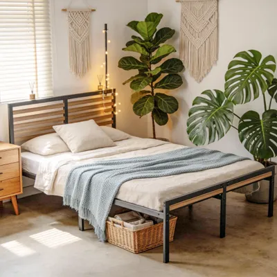 Obrázek produktu pro LZQ kovová postel 160 x 200 cm, manželská postel, postel s bambusovým čelem a nožním čelem, rám postele s roštem