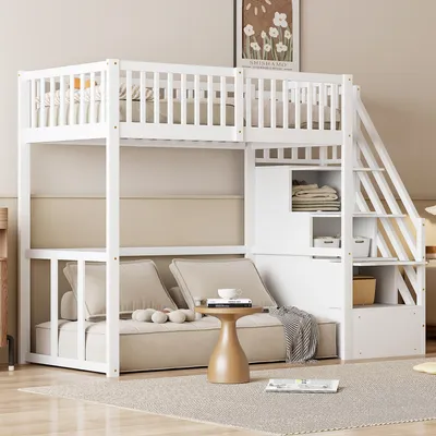 Produktbild von STILVORA Hochbett 90×200 cm mit Sicherheits-Aufbewahrungsleiter, Kinderbett aus massivem Kiefernholz, Jugendbett für Kinder und Jugendliche, Weiß