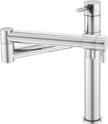 A studio shot of a chrome kitchen faucet against a white background.
