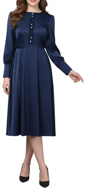 Produktbild von Damen elegantes Satin Midi Kleid mit langen Ärmeln, formelles Abendkleid mit A-Linie, Größe 46