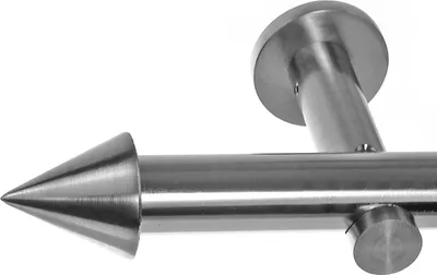 Close-up of a metal curtain rod with a conical finial and a wall mount.
