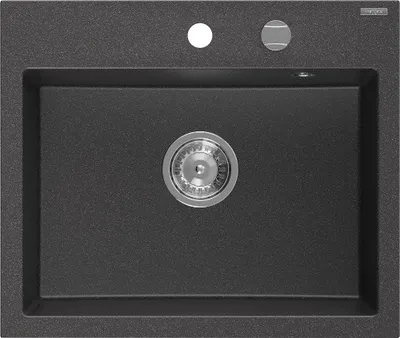 A top-down view of a black granite kitchen sink with a silver drain and faucet holes.