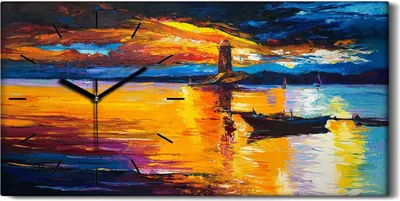 Produktbild von Dekor Leinwand Uhr Wandbilder Geräuschlos Kunstdruck 60x30 Leuchtturm - schwarze Hände
