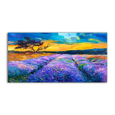 Produktbild von Coloray Glasbild 140x70  Wandbild Glasbilder Lavendelfeld Sonnenuntergang Baum