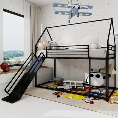 Imagen del producto de Cama infantil tipo litera con tobogán - Estructura de cama con forma de casa - Escalera - Mueble para habitación infantil