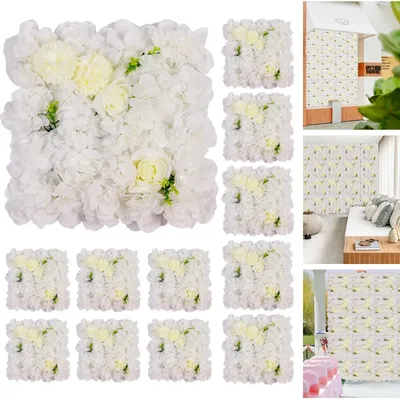 Immagine prodotto di Set di pannelli decorativi a forma di parete di fiori, confezione da 12 - Pannelli decorativi con rose artificiali - Sfondo floreale 3D, 38 x 38 cm - Decorazioni per matrimonio e feste - Sfondo fotografico per la casa - Bianco