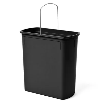 A black trash can insert with a metal handle, shown against a white background.