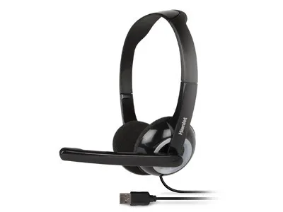 A black over-ear headset with a microphone is shown against a white background.