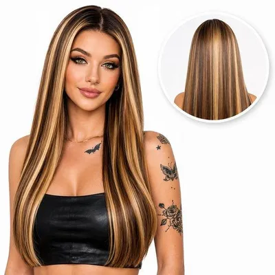 Productafbeelding van assyGoods® Pruik – Damespruik met lang haar – Bruine pruik met kant – Luxe blonde en lichtbruine highlights – Wasbaar – Verstelbaar – 75 cm