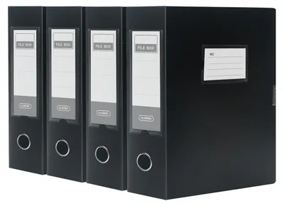 Immagine prodotto di 4 raccoglitori in plastica formato A4 con coperchio e spessore di 75 mm