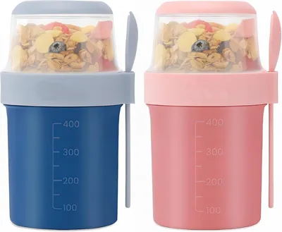Produktbild von PromoHome® Doppelschichtige Getreideschale Set - 2 Stück Frühstücksbecher mit Löffel, auslaufsicher, BPA-frei, für Müsli, Joghurt, 560 ml