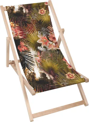 Produktbild von Dreamroots Liegestuhl klappbar Holz bis zu 130 kg, Sonnenliege klappbar mit 3-stufiger Neigungsregulierung der Rückenlehne, Red Tropical Flowers