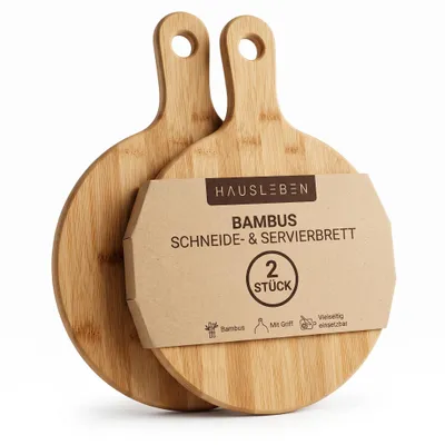 Produktbild von hausleben Pizzateller 2er Set 25,5 cm – Rundes Pizzabrett aus Bambus mit Griff – Kleines Holzbrett & Servierplatte für Frühstück, Snacks & Käse – Robust & Langlebig, KI-generiertes Bild