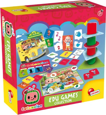 A product box for a Cocomelon educational games collection, displaying various game components and characters.