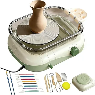 Imagen del producto de Kit de torno de alfarería con pedal, doble rotación, velocidad ajustable, plato giratorio de 17,5 cm, e incluye 8 herramientas de modelado para principiantes y aficionados al arte cerámico