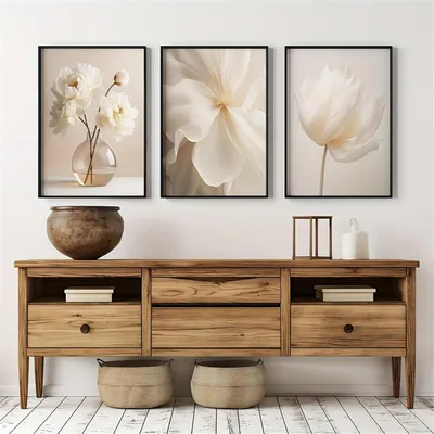 Obrázok produktu pre Sada 3 obrazov v boho štýle, béžová kvetinová potlač, formát 50x70 cm