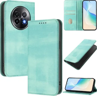 Immagine prodotto di Custodia per Realme 13+/Realme 13 Pro, custodia in pelle vintage con protezione RFID, slot per carte, supporto Turchese