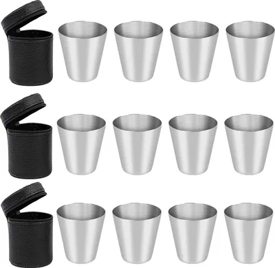 Produktbild von 12 Stš¹ck Edelstahl Schnaps-Becher Set - 30ml Shot-Gl?ser aus Metall - Flachmann Becher mit Leder Tasche fš¹r Outdoor Camping Wandern Picknick Reisen