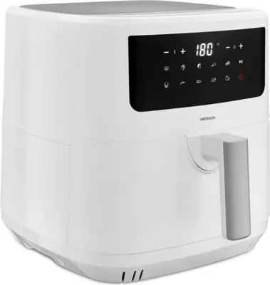 A white MEDION air fryer is shown against a white background. The air fryer has a digital display panel with various icons and temperature settings.